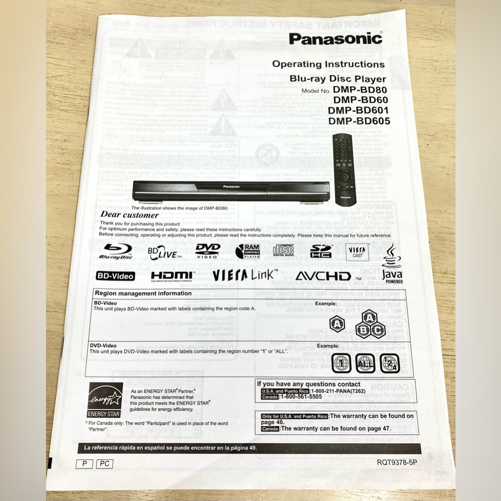 Panasonic DMP-BD55 Black Blu-ray DVD CD Player Original Remote Manual - Picture 6 of 16